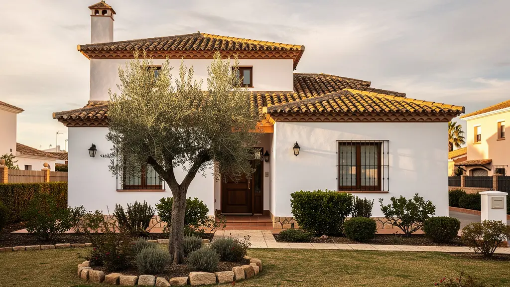 Fachada de chalet mediterráneo con tejado de terracota y pequeño jardín en urbanización española
