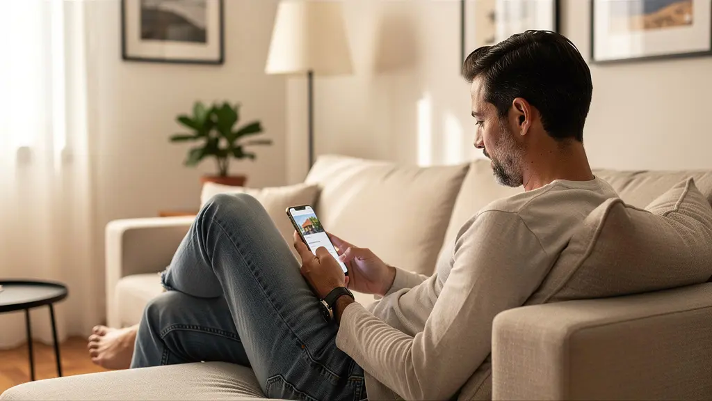 Usuario consultando aplicación inmobiliaria en smartphone desde el salón de su vivienda