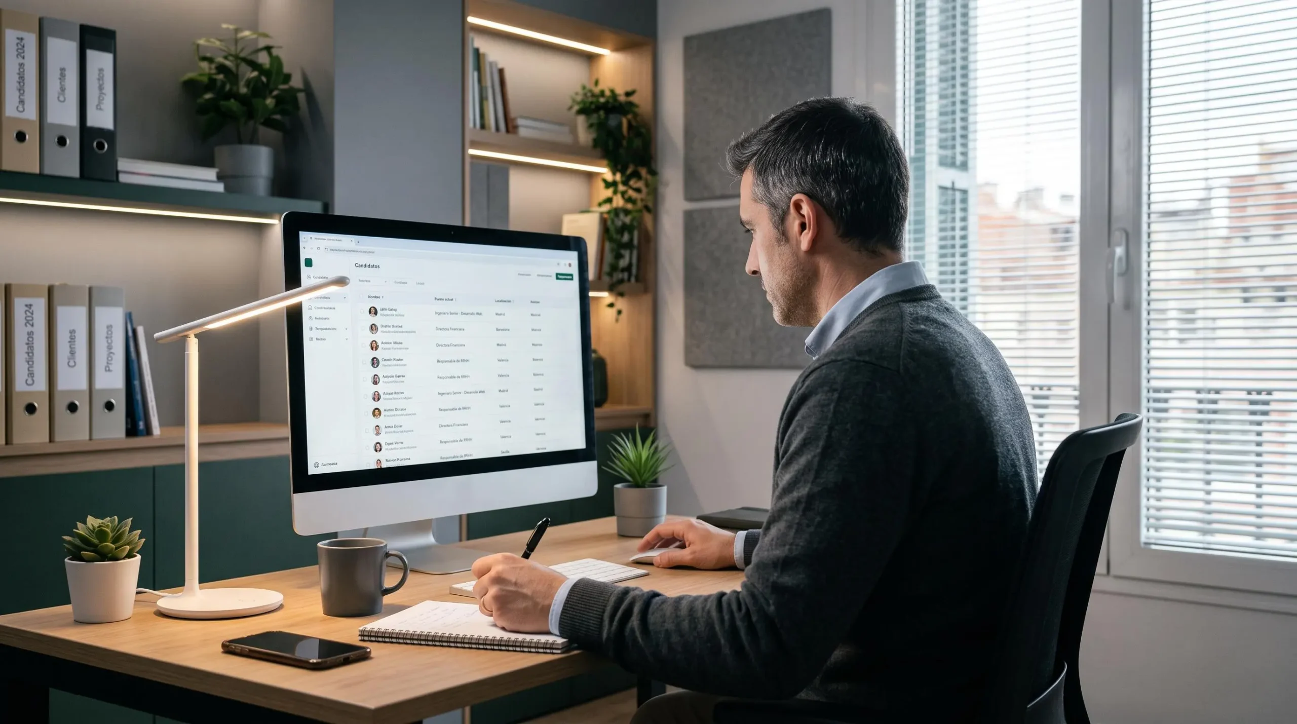 Consultor de agencia de reclutamiento trabajando en plataforma digital con base de datos de candidatos profesionales en oficina de Barcelona