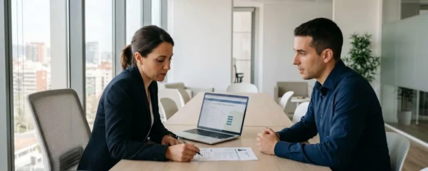 Consultora de recursos humanos conduciendo entrevista de selección con candidato profesional en oficina moderna de Madrid, revisando CV impreso sobre mesa de reunión con luz natural
