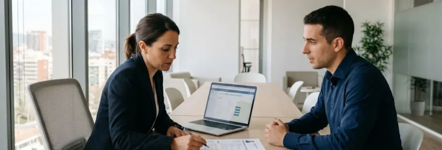 Consultora de recursos humanos conduciendo entrevista de selección con candidato profesional en oficina moderna de Madrid, revisando CV impreso sobre mesa de reunión con luz natural