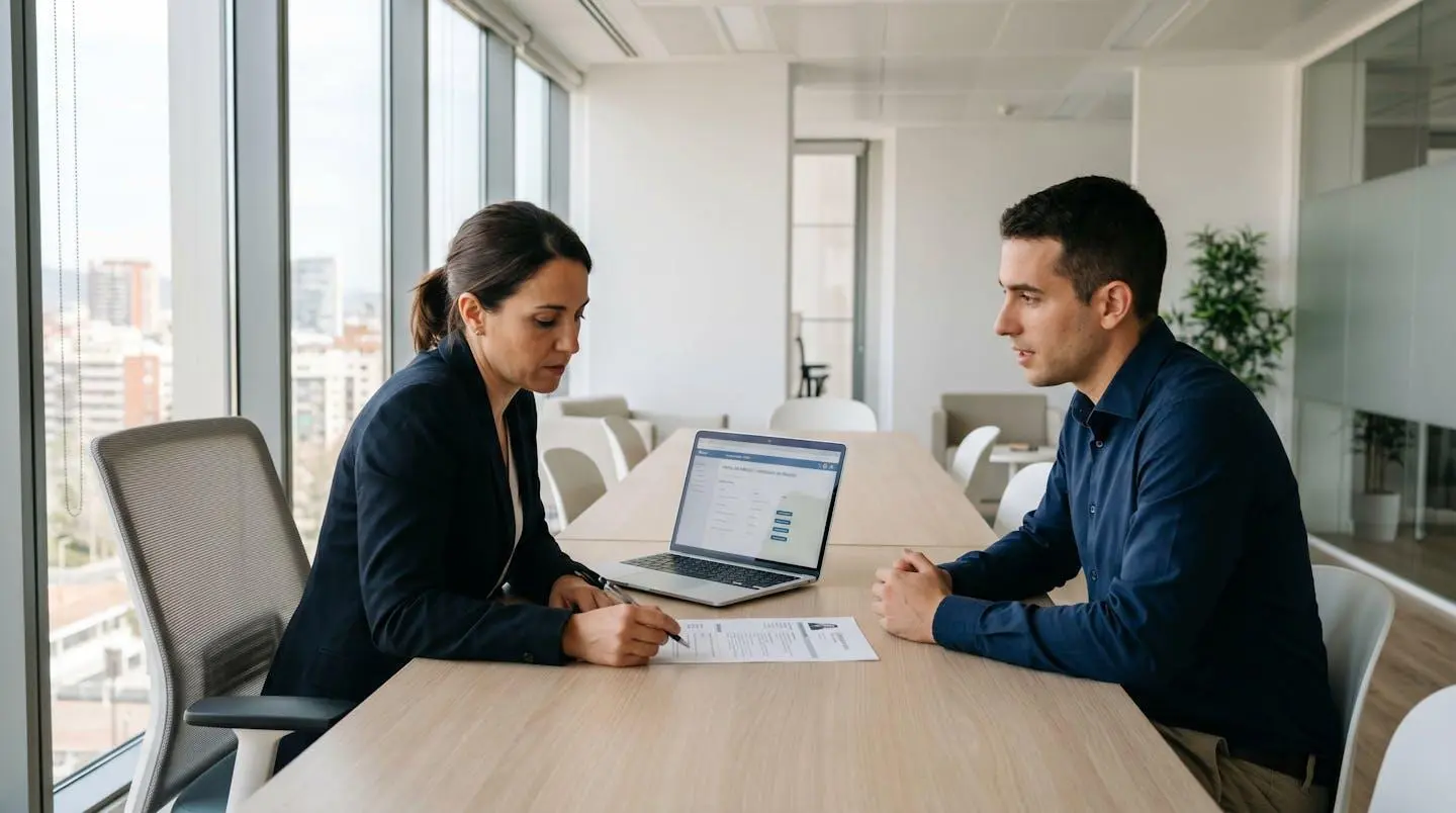 Consultora de recursos humanos conduciendo entrevista de selección con candidato profesional en oficina moderna de Madrid, revisando CV impreso sobre mesa de reunión con luz natural