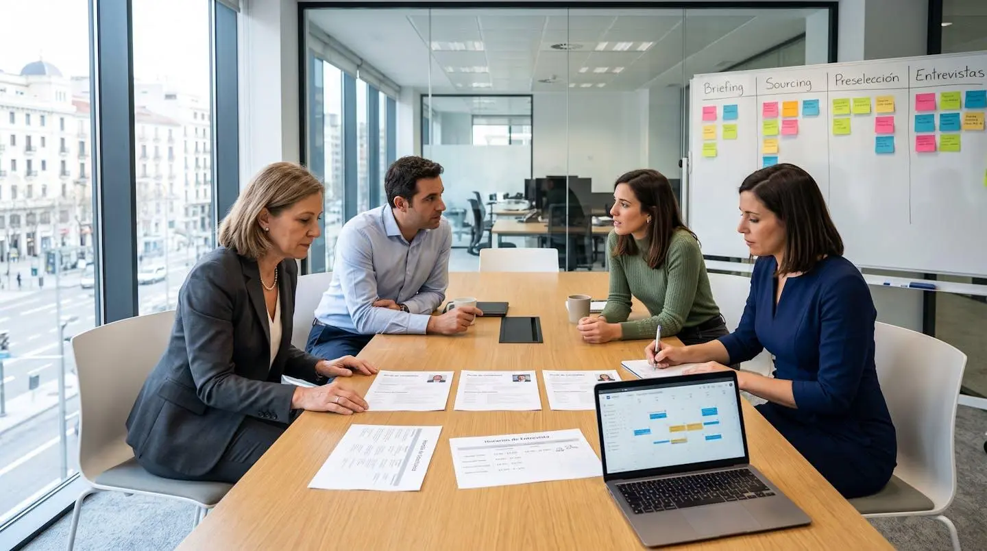 Reunión de coordinación de proceso de selección entre responsable RRHH, managers y consultora de agencia, revisando fichas de candidatos y planning de entrevistas en sala de reunión de Madrid