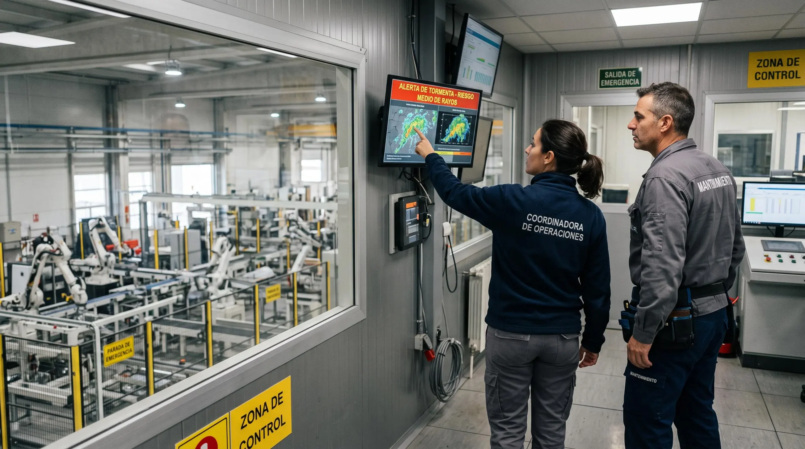 Coordinador de operaciones y técnico analizando una alerta de tormenta en un panel de control con la línea de producción visible a través de una ventana.