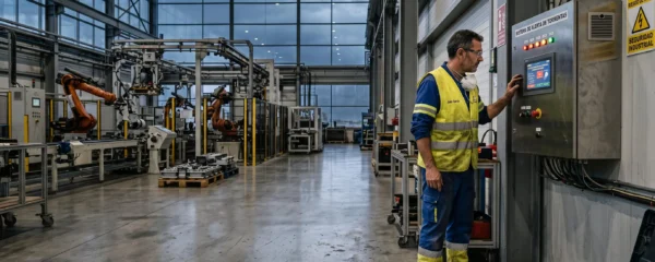 Ingeniero de mantenimiento consultando un panel de monitorización de riesgo de rayos junto a una línea de fabricación automatizada durante una tormenta.
