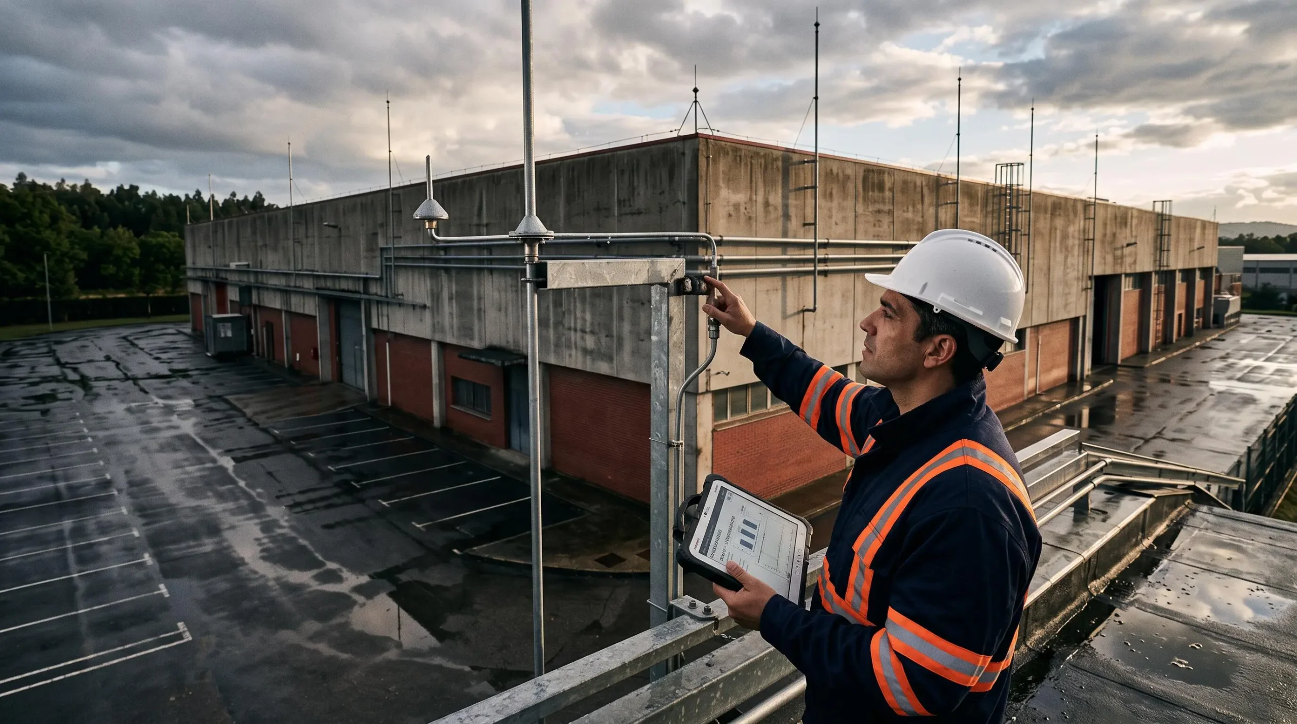 Supervisor de mantenimiento inspeccionando el pararrayos de una nave industrial tras una tormenta, con datos de monitorización en una tableta.